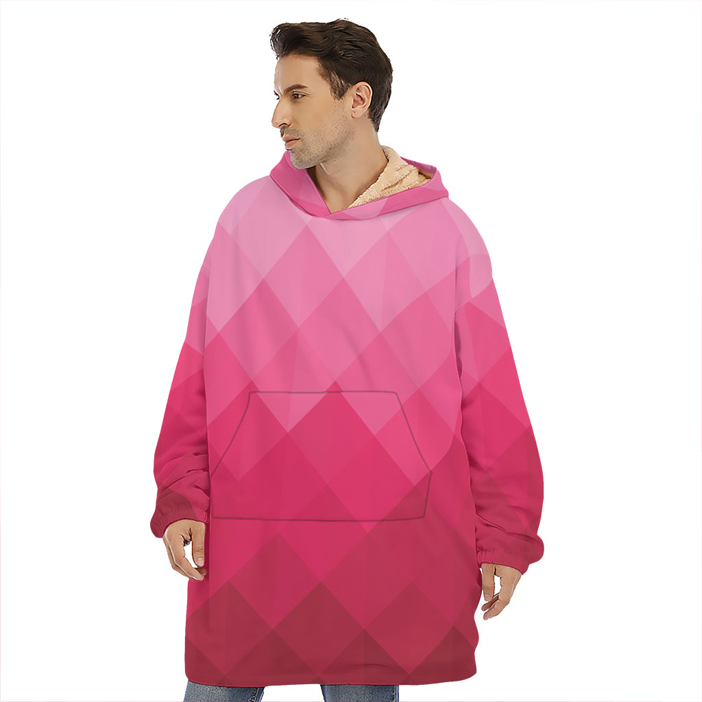 Pink Geometric Square Pattern Print Hoodie Blanket