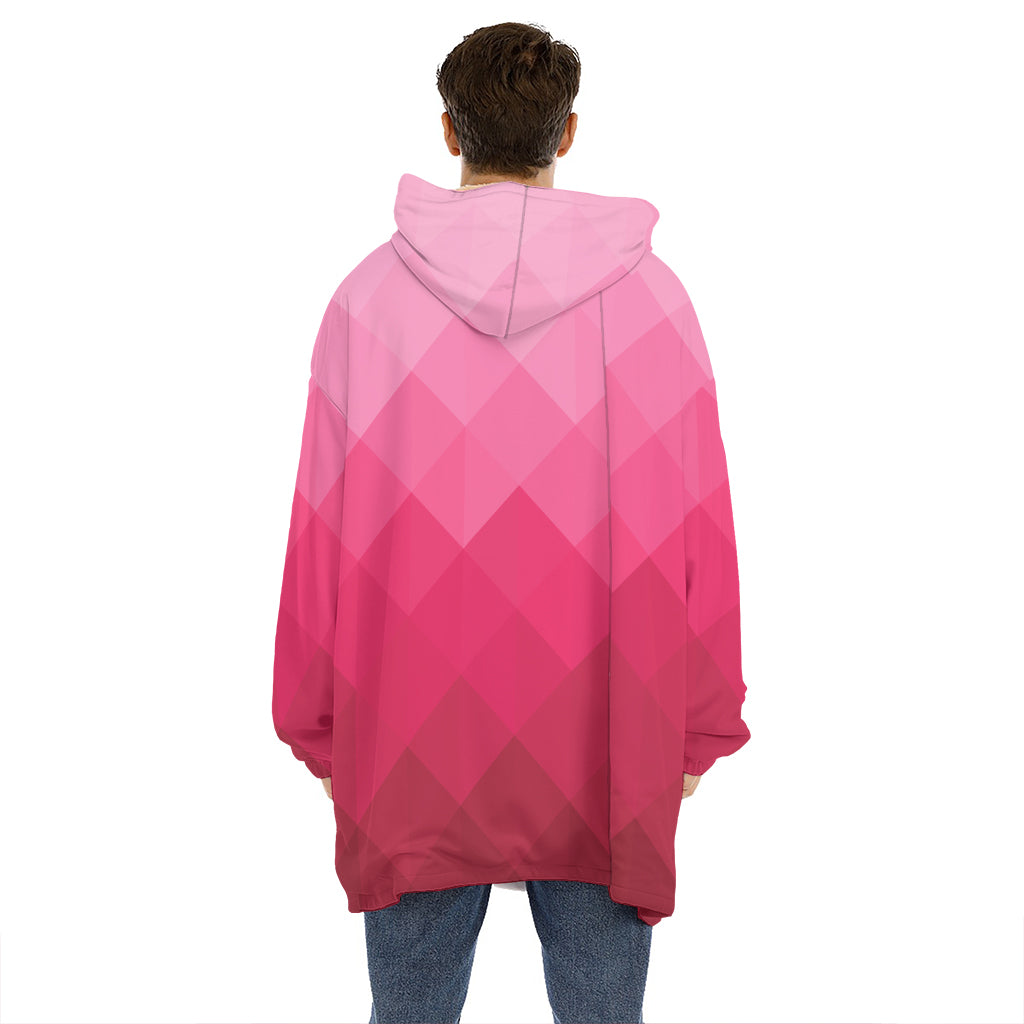Pink Geometric Square Pattern Print Hoodie Blanket