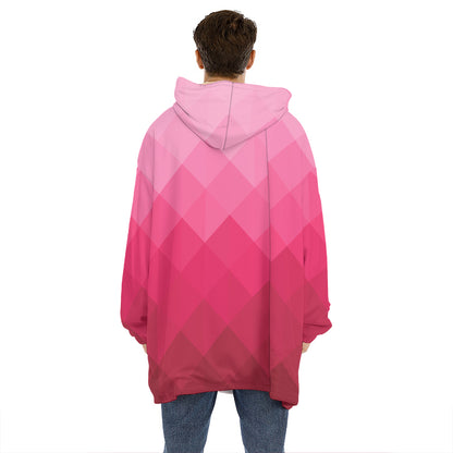 Pink Geometric Square Pattern Print Hoodie Blanket