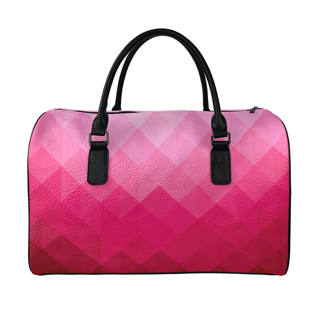 Pink Geometric Square Pattern Print Leather Duffle Bag