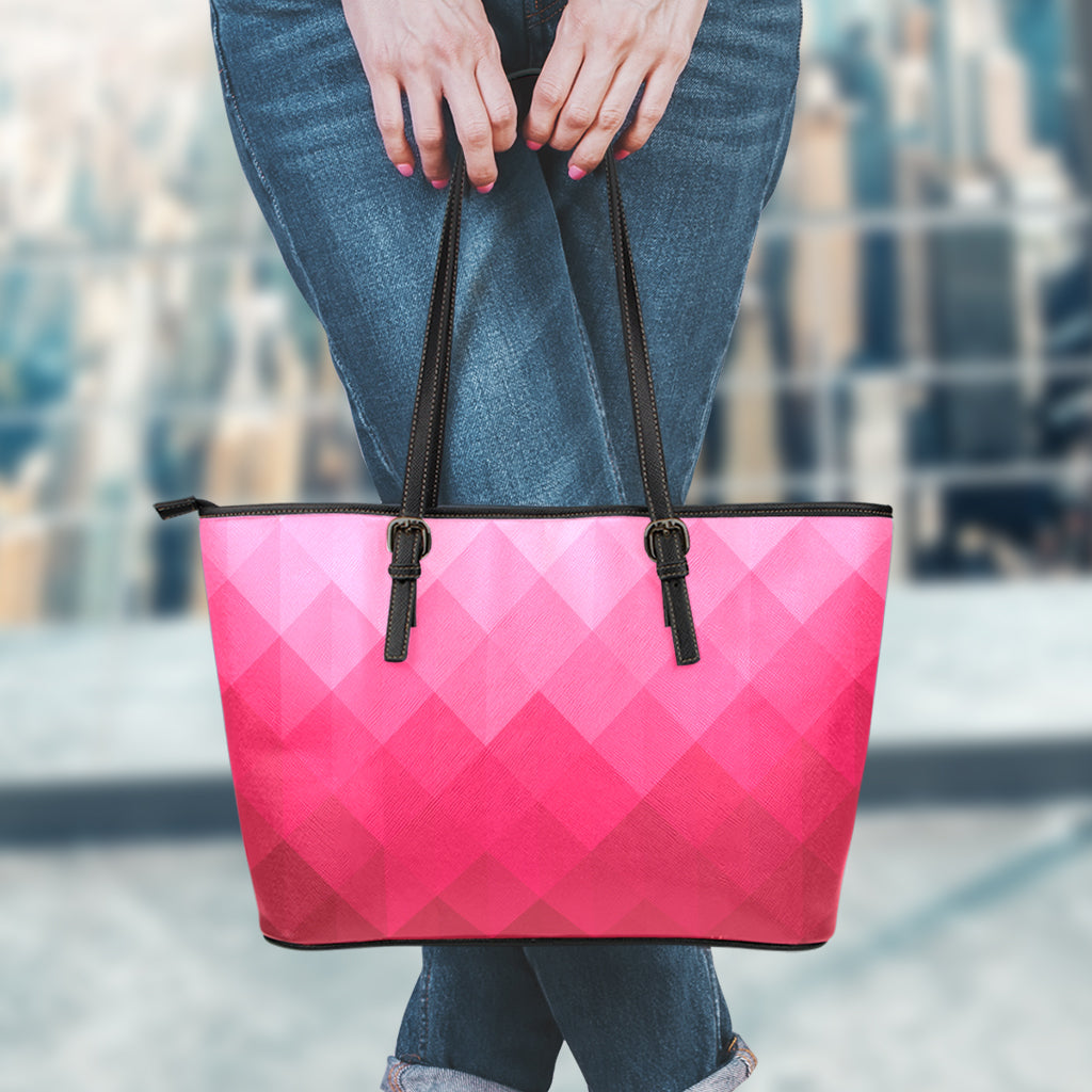 Pink Geometric Square Pattern Print Leather Tote Bag