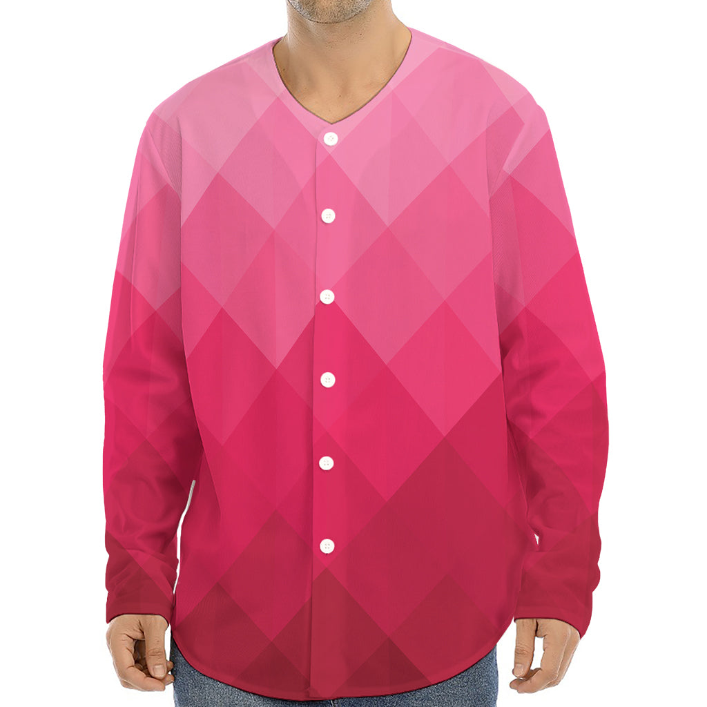 Pink Geometric Square Pattern Print Long Sleeve Baseball Jersey