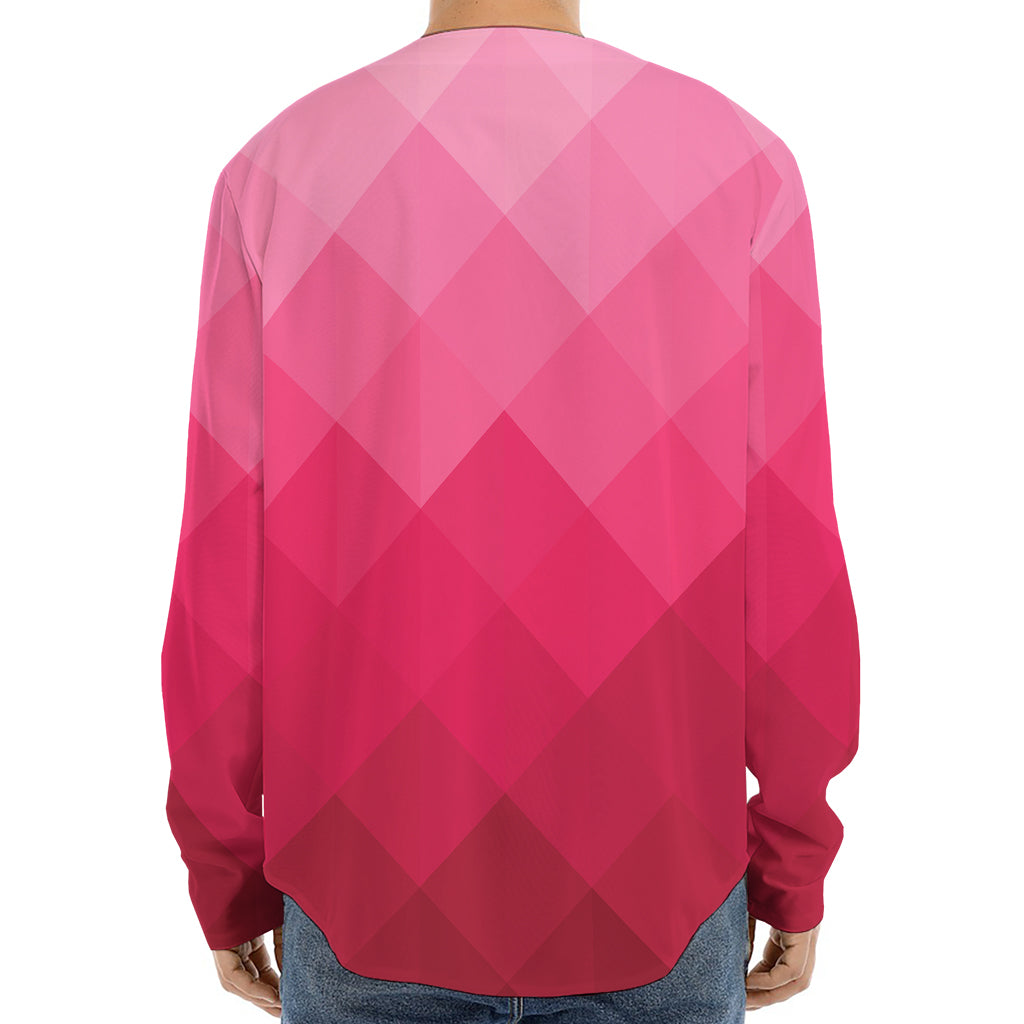 Pink Geometric Square Pattern Print Long Sleeve Baseball Jersey