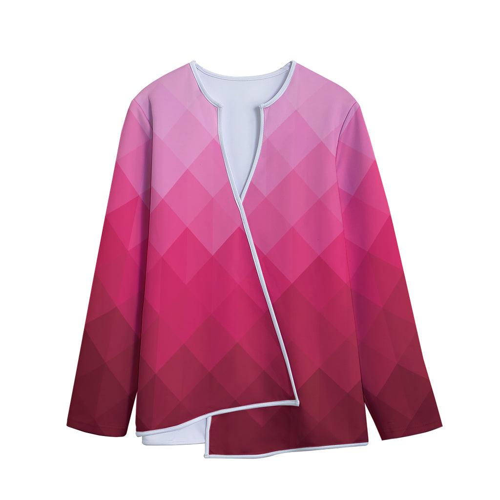 Pink Geometric Square Pattern Print Long Sleeve Short Coat