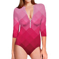 Pink Geometric Square Pattern Print Long Sleeve Swimsuit