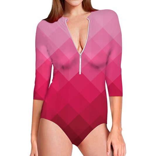 Pink Geometric Square Pattern Print Long Sleeve Swimsuit