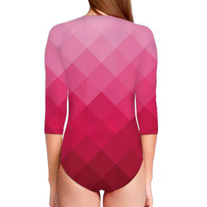 Pink Geometric Square Pattern Print Long Sleeve Swimsuit