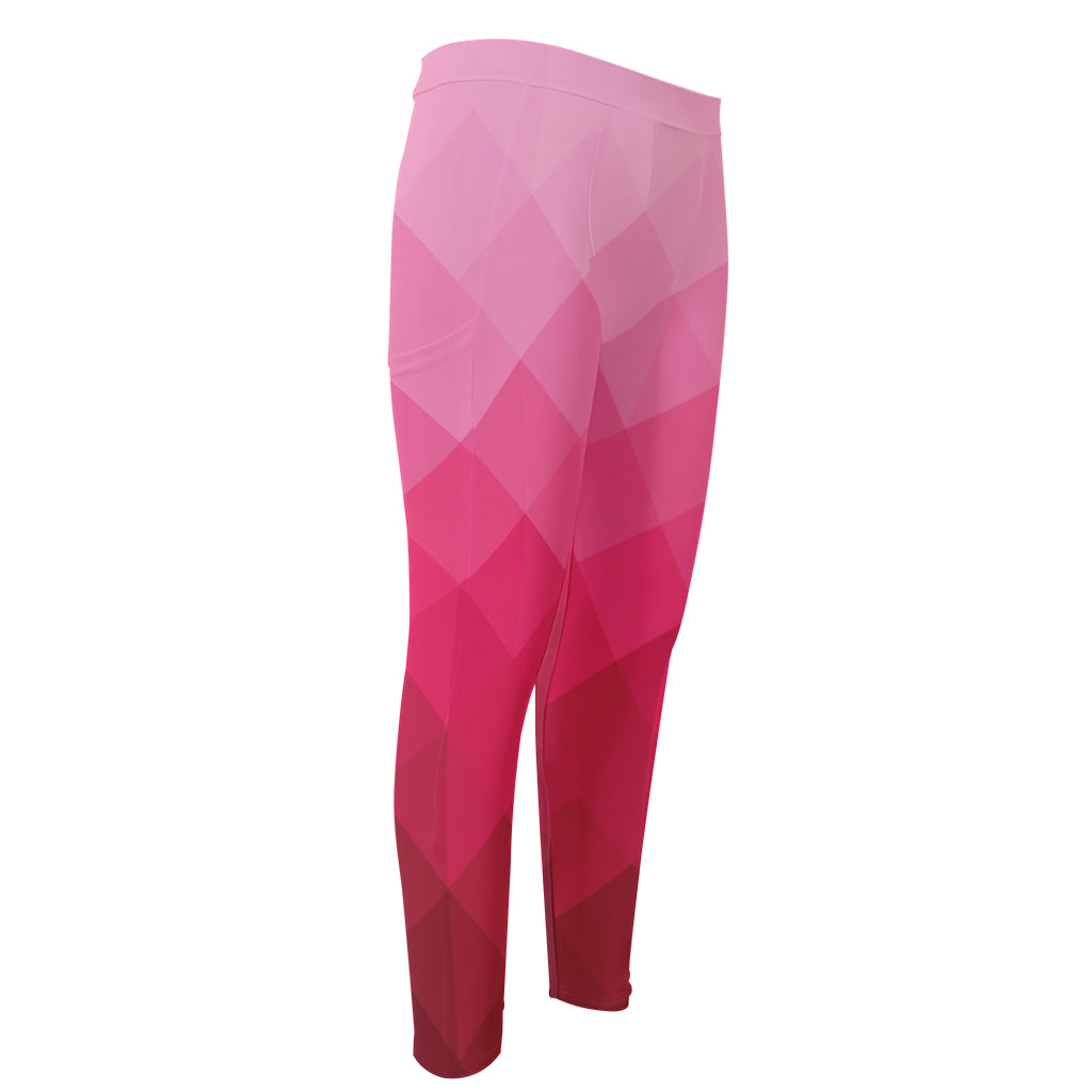 Pink Geometric Square Pattern Print Men's Compression Pants