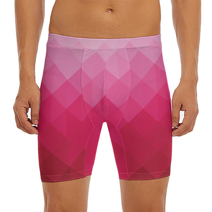 Pink Geometric Square Pattern Print Men's Long Boxer Briefs