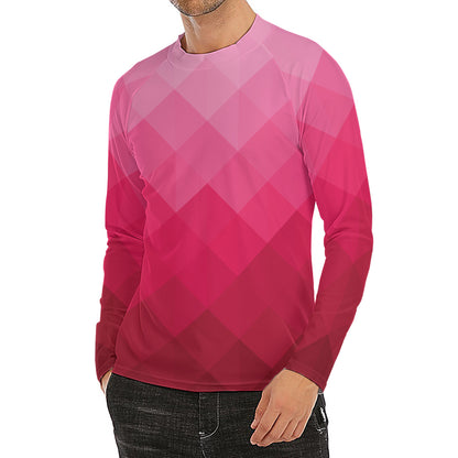 Pink Geometric Square Pattern Print Men's Long Sleeve Rash Guard