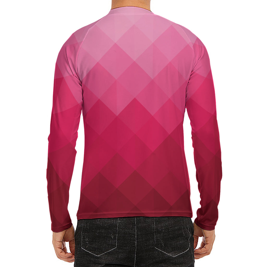 Pink Geometric Square Pattern Print Men's Long Sleeve Rash Guard