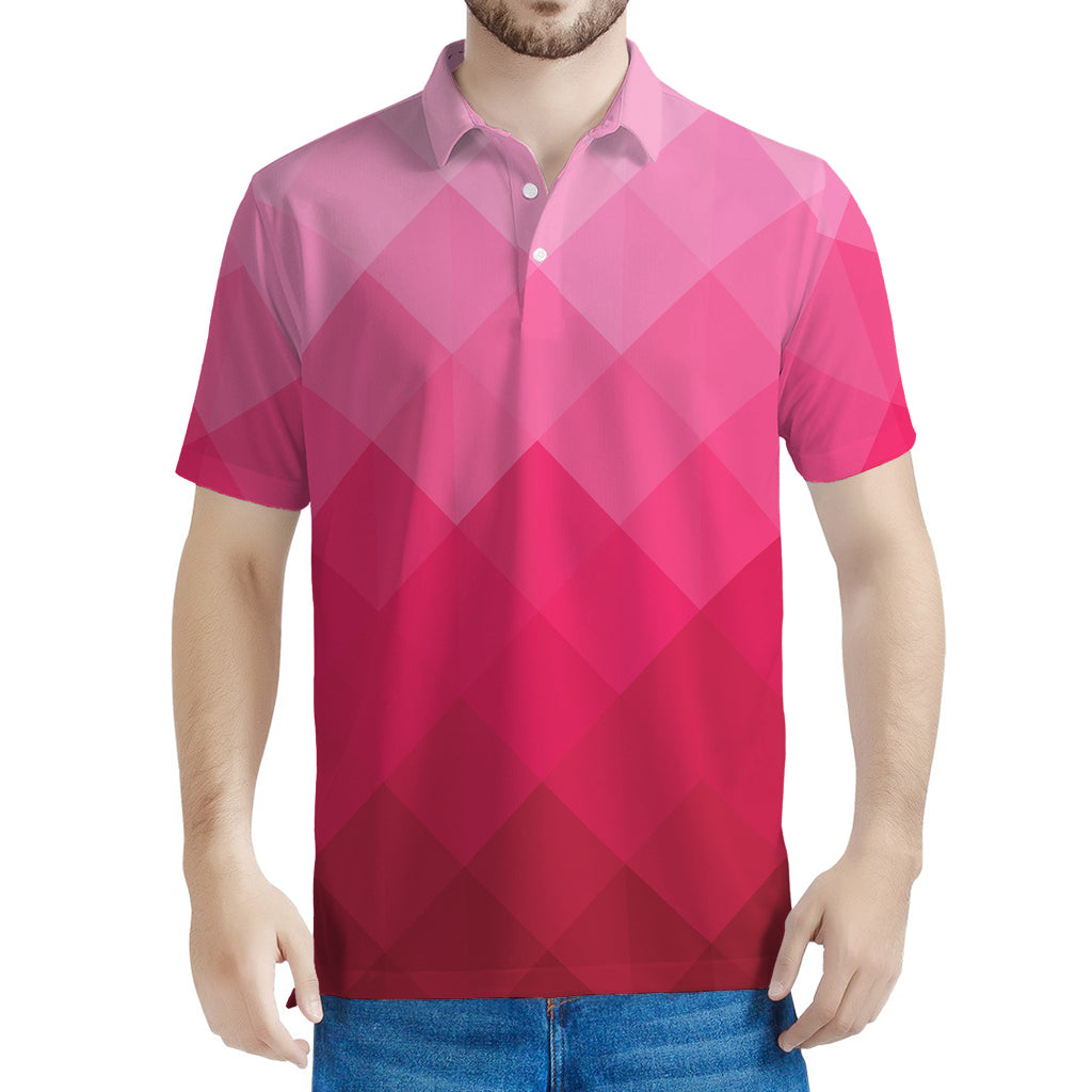 Pink Geometric Square Pattern Print Men's Polo Shirt