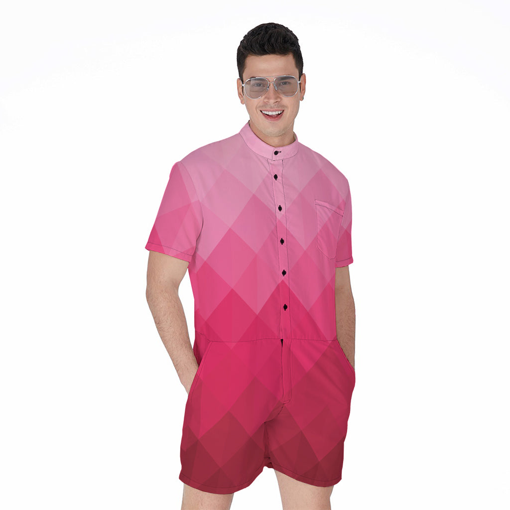 Pink Geometric Square Pattern Print Men's Rompers