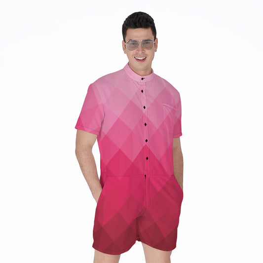 Pink Geometric Square Pattern Print Men's Rompers