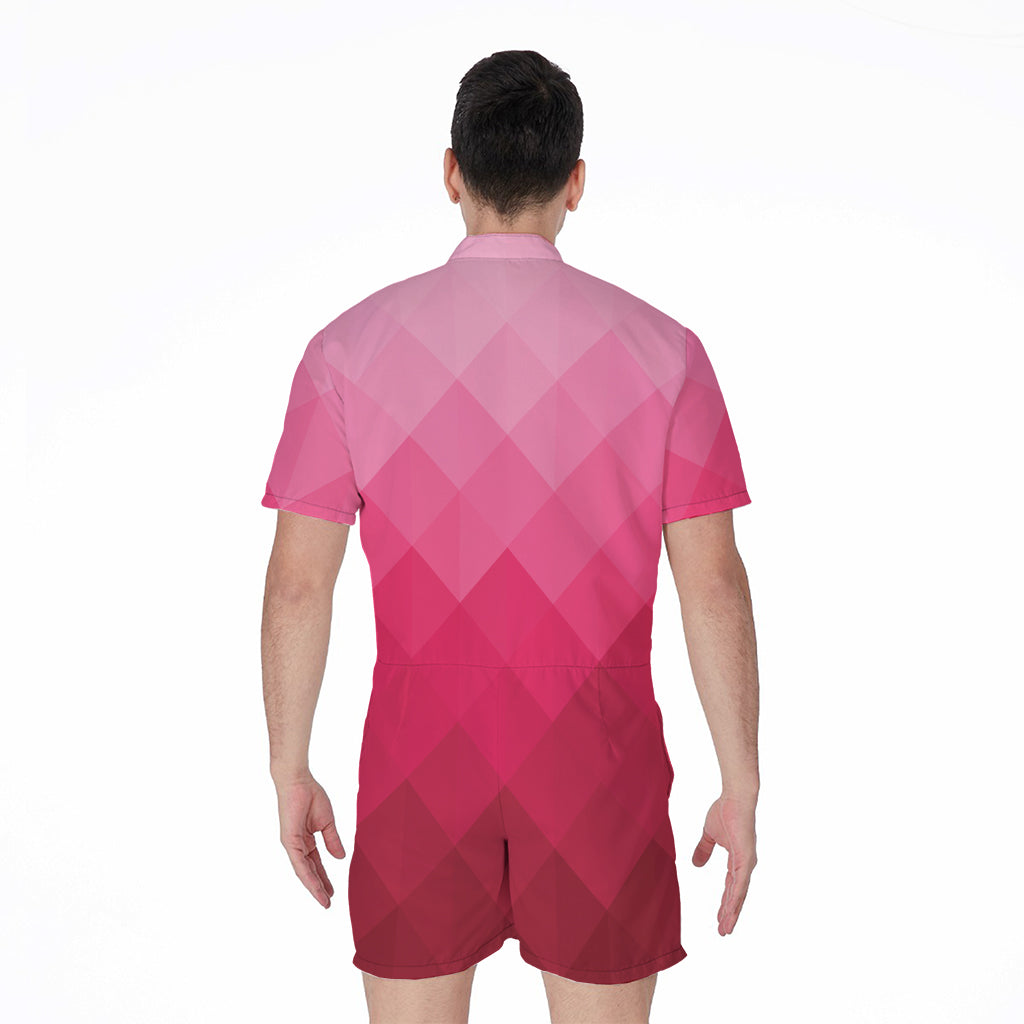 Pink Geometric Square Pattern Print Men's Rompers