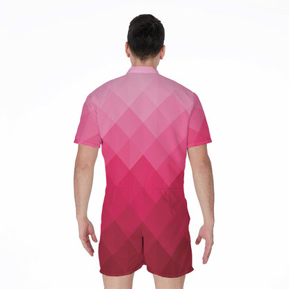 Pink Geometric Square Pattern Print Men's Rompers