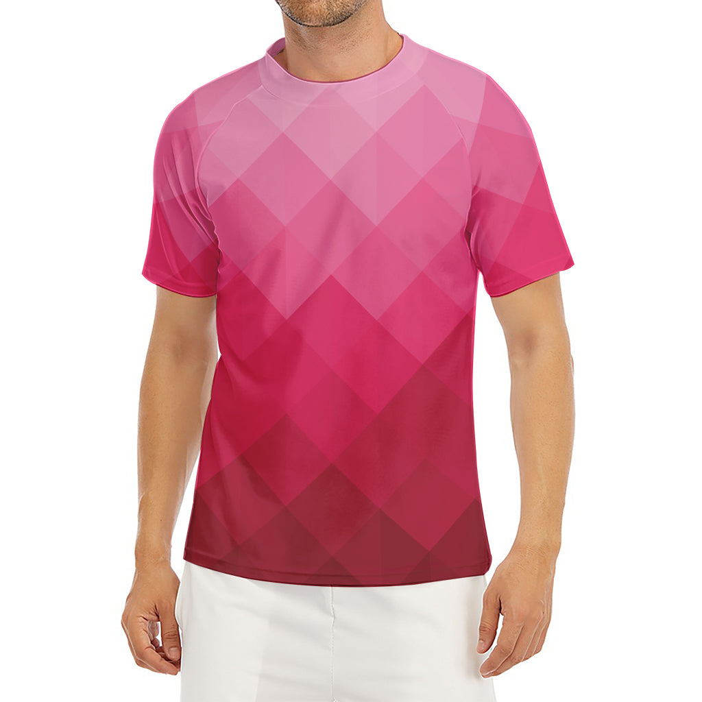 Pink Geometric Square Pattern Print Men's Short Sleeve Rash Guard