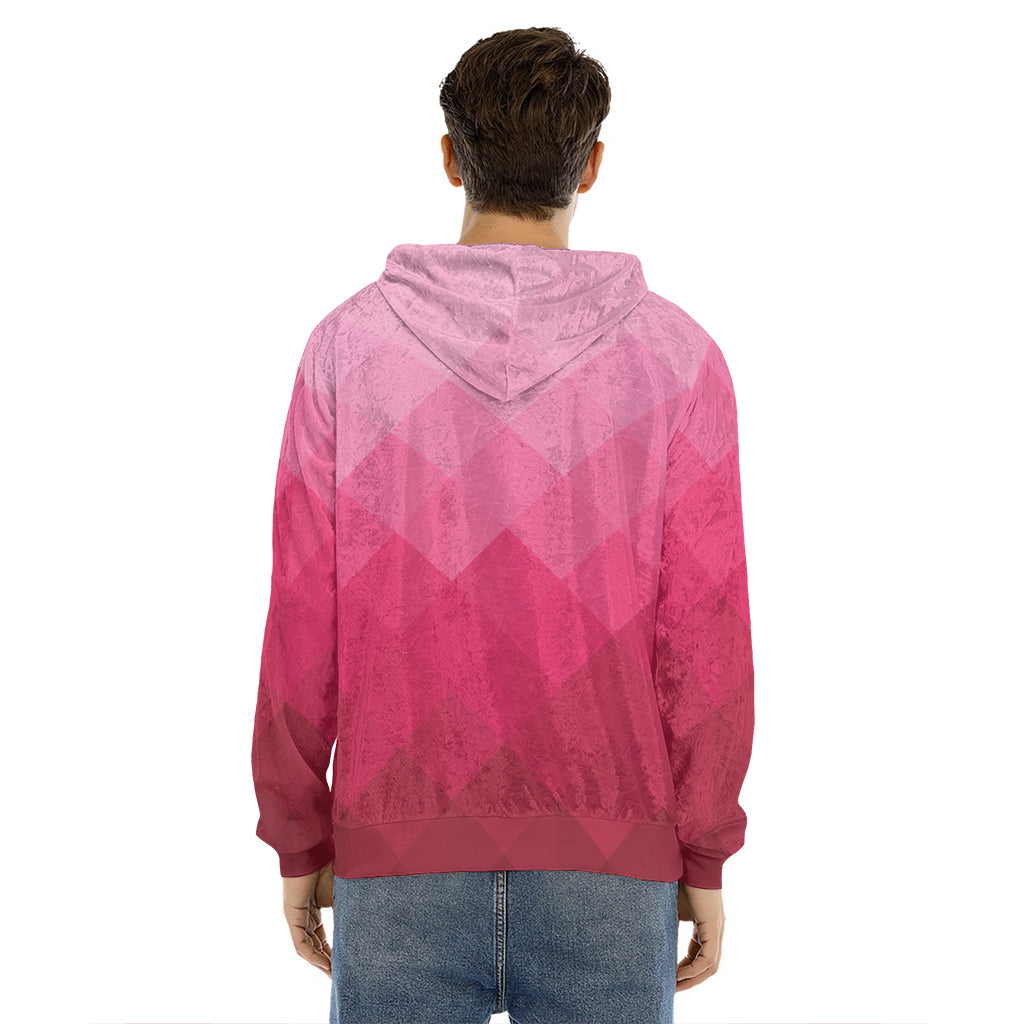 Pink Geometric Square Pattern Print Men's Velvet Pullover Hoodie