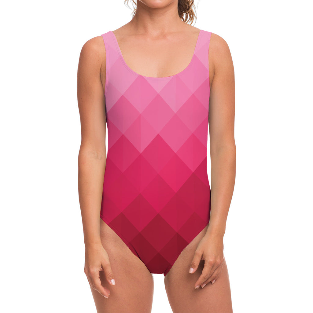 Pink Geometric Square Pattern Print One Piece Swimsuit