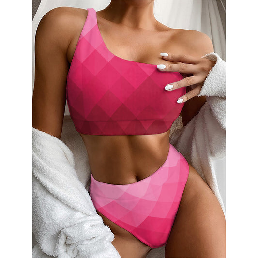 Pink Geometric Square Pattern Print One Shoulder Bikini Top
