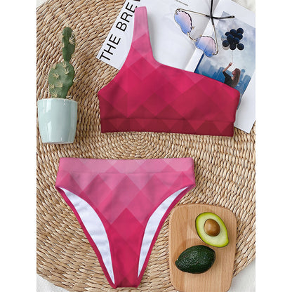 Pink Geometric Square Pattern Print One Shoulder Bikini Top