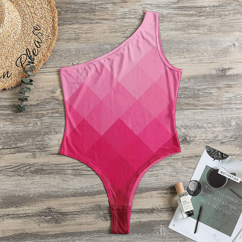 Pink Geometric Square Pattern Print One Shoulder Bodysuit