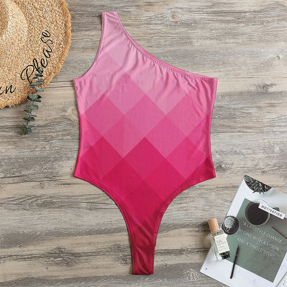 Pink Geometric Square Pattern Print One Shoulder Bodysuit