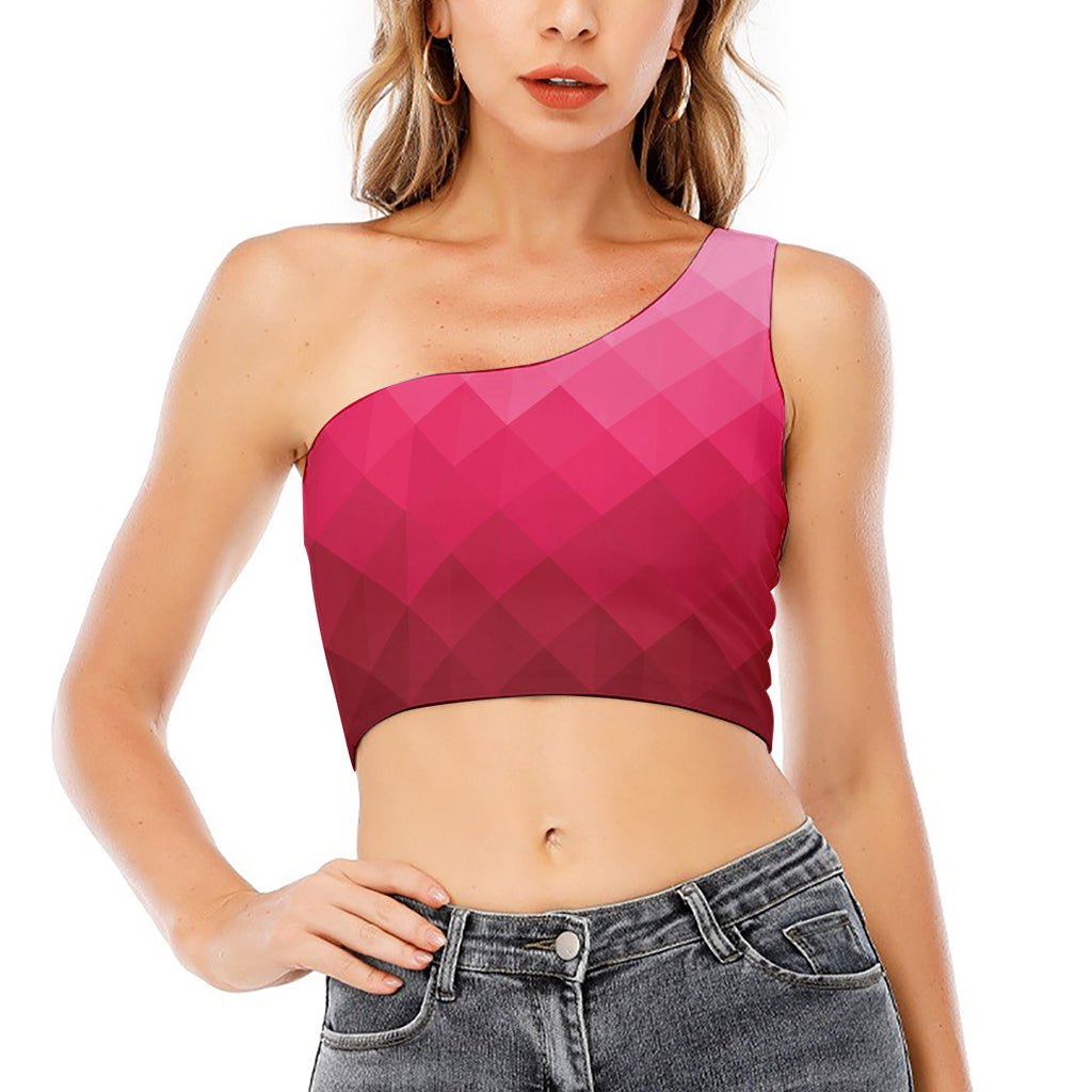 Pink Geometric Square Pattern Print One Shoulder Crop Top