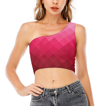 Pink Geometric Square Pattern Print One Shoulder Crop Top
