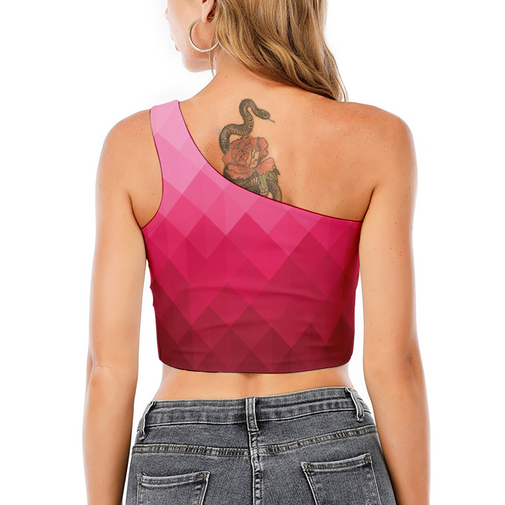 Pink Geometric Square Pattern Print One Shoulder Crop Top
