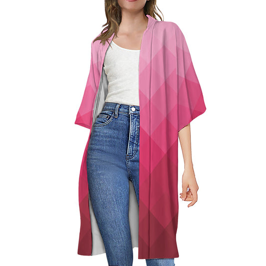 Pink Geometric Square Pattern Print Open Front Beach Cover Up