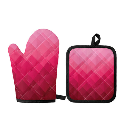 Pink Geometric Square Pattern Print Oven Mitt And Pot Holder Set