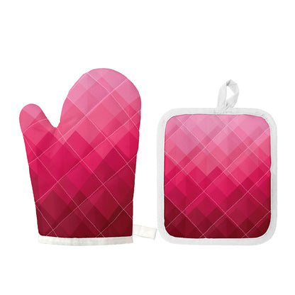 Pink Geometric Square Pattern Print Oven Mitt And Pot Holder Set