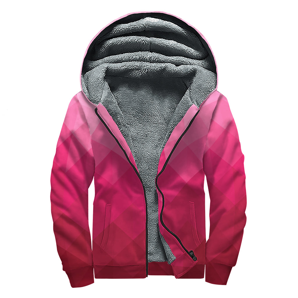 Pink Geometric Square Pattern Print Sherpa Lined Zip Up Hoodie