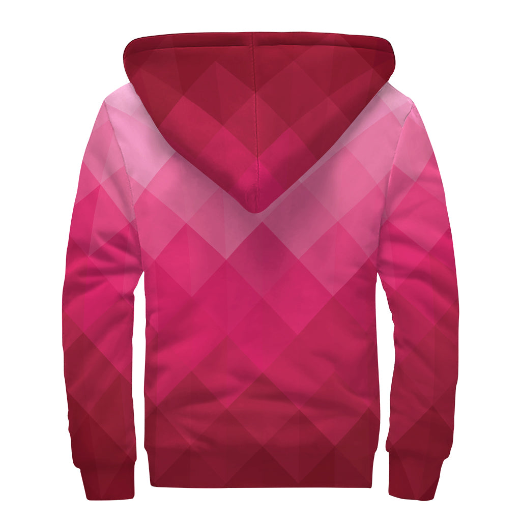 Pink Geometric Square Pattern Print Sherpa Lined Zip Up Hoodie