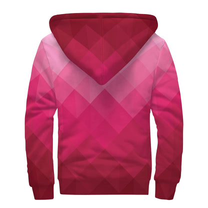 Pink Geometric Square Pattern Print Sherpa Lined Zip Up Hoodie