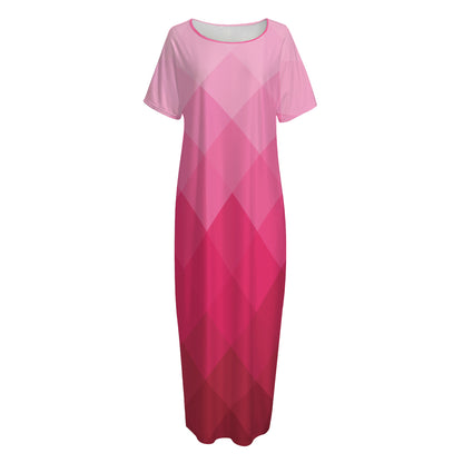 Pink Geometric Square Pattern Print Short Sleeve Long Nightdress