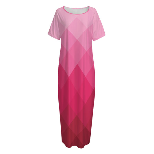 Pink Geometric Square Pattern Print Short Sleeve Long Nightdress