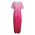 Pink Geometric Square Pattern Print Short Sleeve Long Nightdress