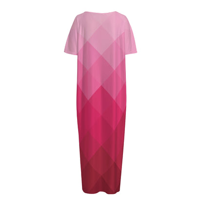 Pink Geometric Square Pattern Print Short Sleeve Long Nightdress