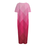 Pink Geometric Square Pattern Print Short Sleeve Long Nightdress