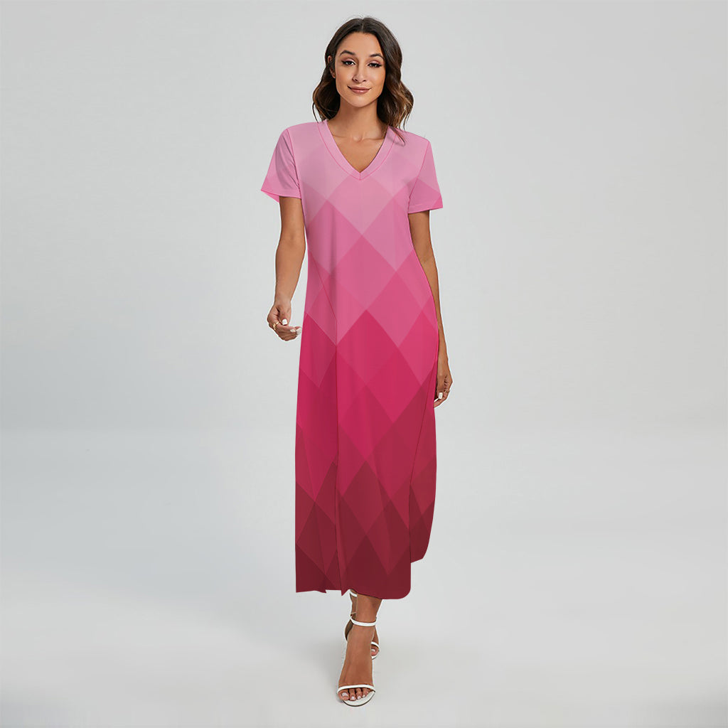 Pink Geometric Square Pattern Print Short Sleeve Maxi Dress