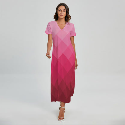 Pink Geometric Square Pattern Print Short Sleeve Maxi Dress