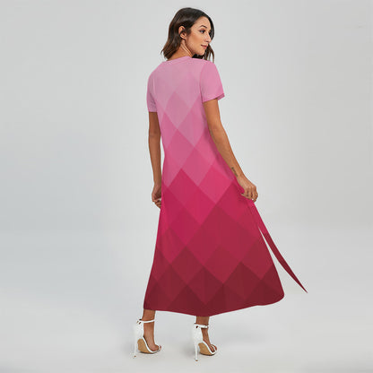 Pink Geometric Square Pattern Print Short Sleeve Maxi Dress