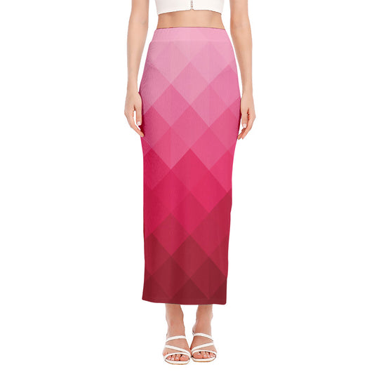 Pink Geometric Square Pattern Print Side Slit Maxi Skirt