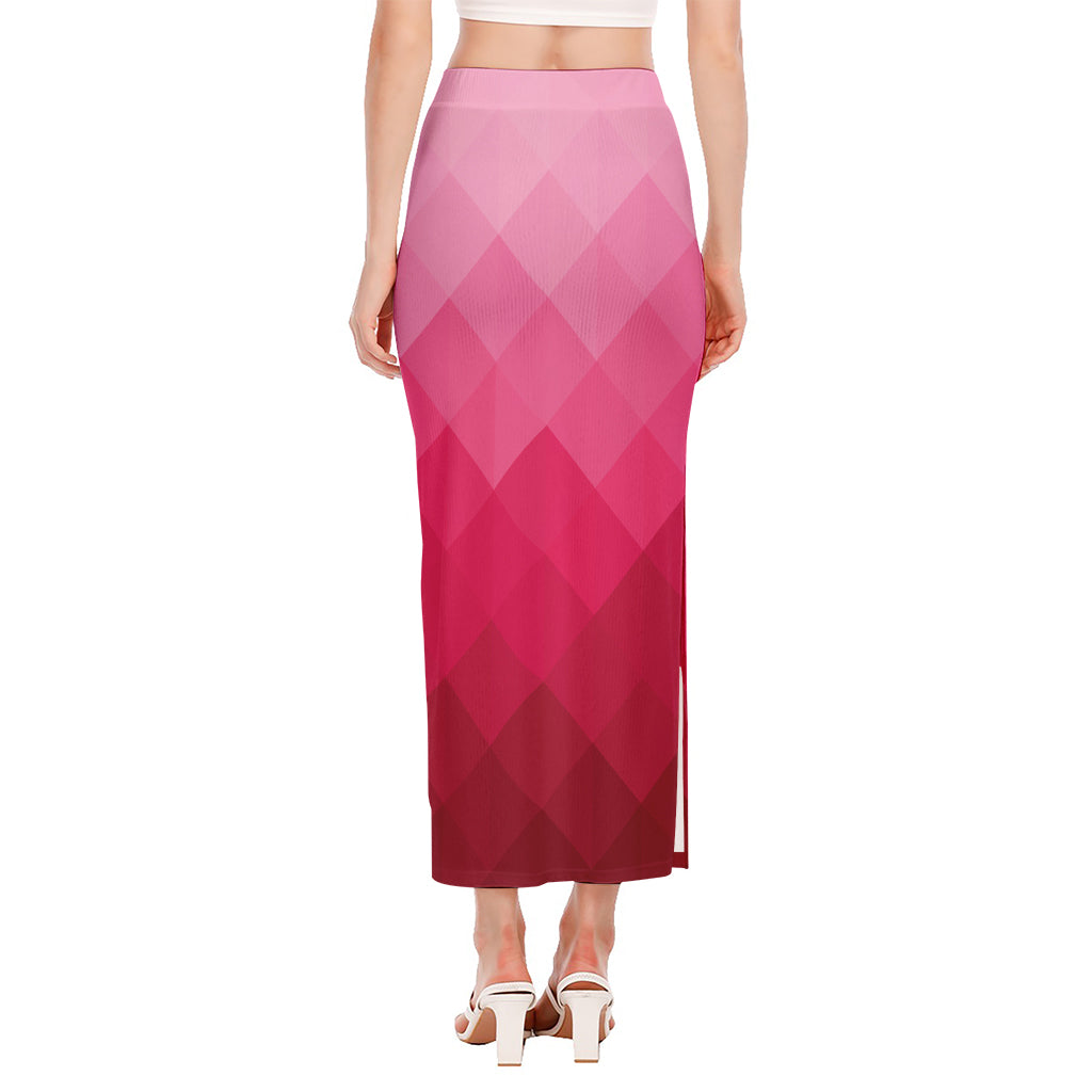 Pink Geometric Square Pattern Print Side Slit Maxi Skirt