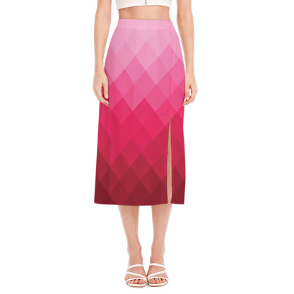 Pink Geometric Square Pattern Print Side Slit Midi Skirt