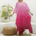 Pink Geometric Square Pattern Print Silk V-Neck Kaftan Dress