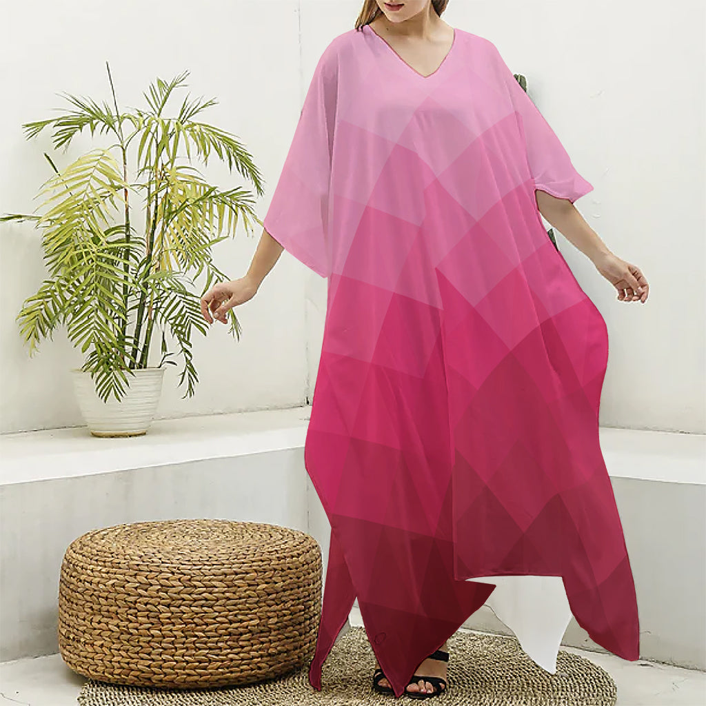 Pink Geometric Square Pattern Print Silk V-Neck Kaftan Dress