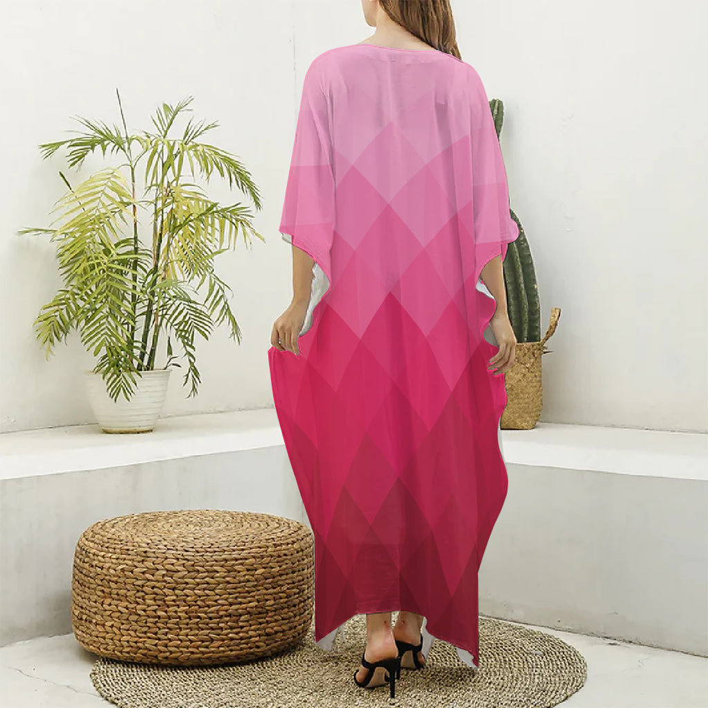 Pink Geometric Square Pattern Print Silk V-Neck Kaftan Dress